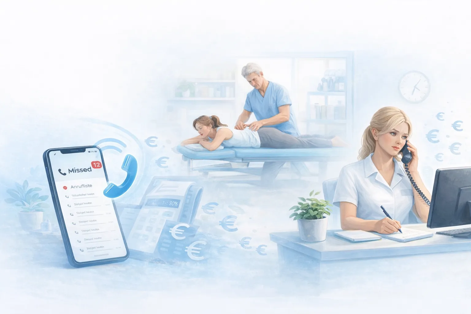 Illustration einer Physiotherapiepraxis mit verpassten Anrufen und einer Rezeptionistin am Telefon